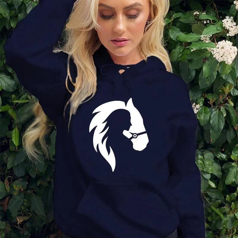 Horse Printing Hoodies Hooded Top Women Sweatshirt Long-sleeved Autumn Casual Hooded Streetwear