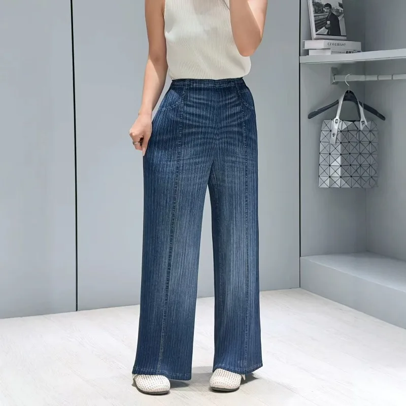 Miyake Pleated Faux Denim Wide-Leg Pants Women 2026 Summer Vertical Striped Washed Distressed Slim Straight Casual Long Pants