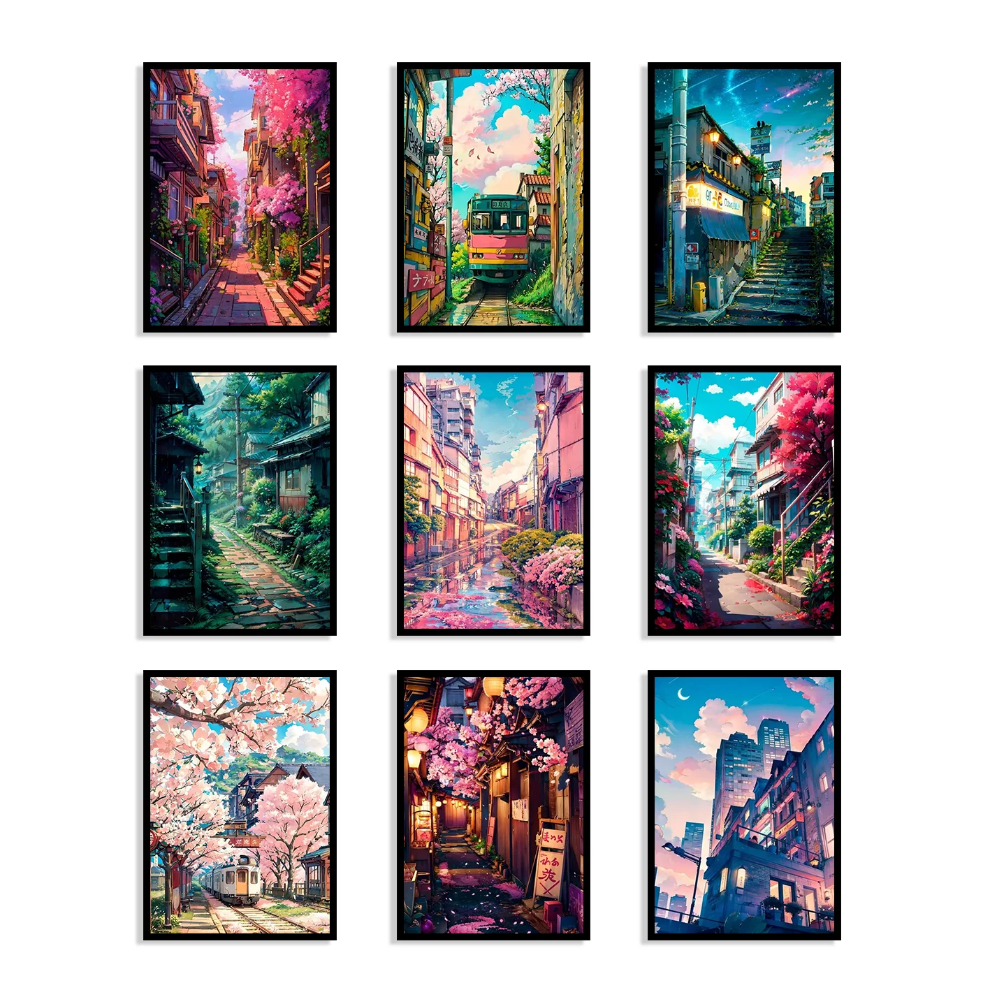 Japanese street scene cherry blossom architecture canvas poster, Japanese printed wall art, modern living room home decoration.