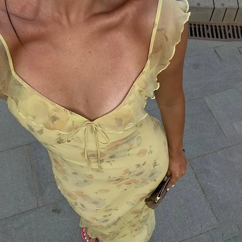 Retro V Neck Dress Yellow Sleeveless Flower Print Maxi Long Dress Ruffle High Waist Slim Dresses Elegant Holiday Party Vestidos