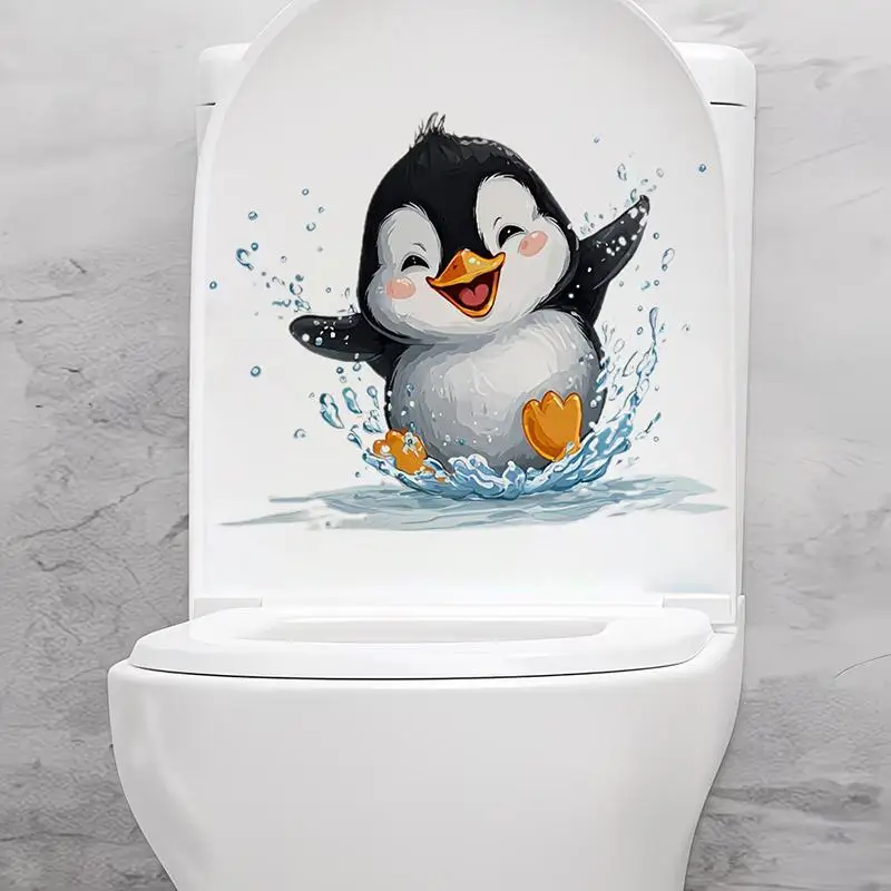 Cute Swimming Penguin Toilet Sticker Waterproof Bathroom Wall Sticker Self-Adhesive Removable Decals Home Decor