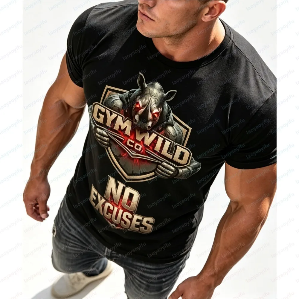 Summer Fashion Short Sleeve Men T-Shirt Bold Gym Wild Rhino Letter Graphic Crew Neck Tee Stylish Breathable Casual Sports Tops
