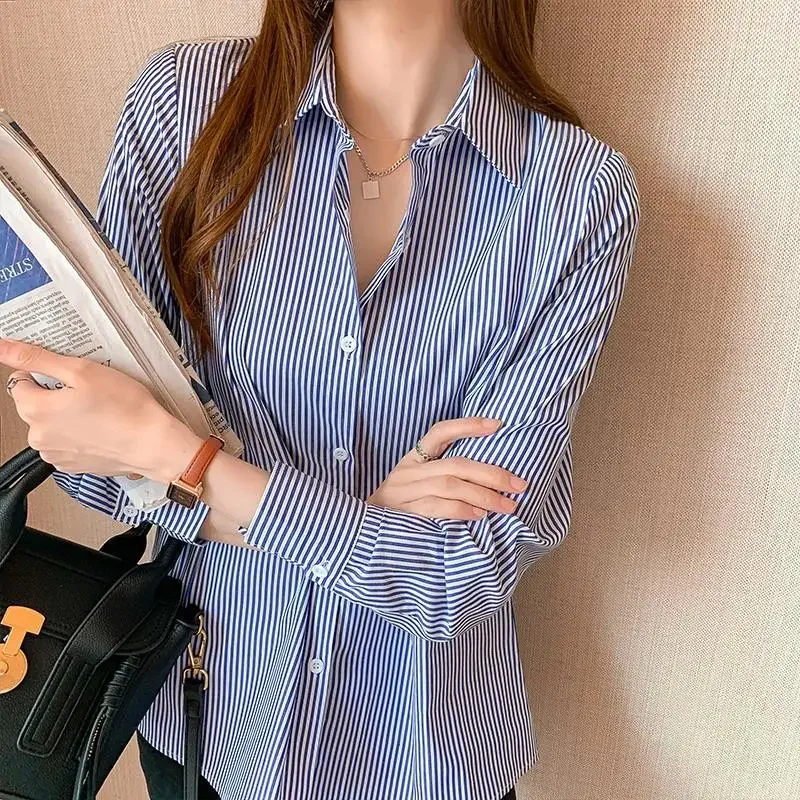 Profession Office Printing Striped Single-breasted Blouse Women Long Sleeve Turn-down Collar Korean All-match Lady Shirt A281