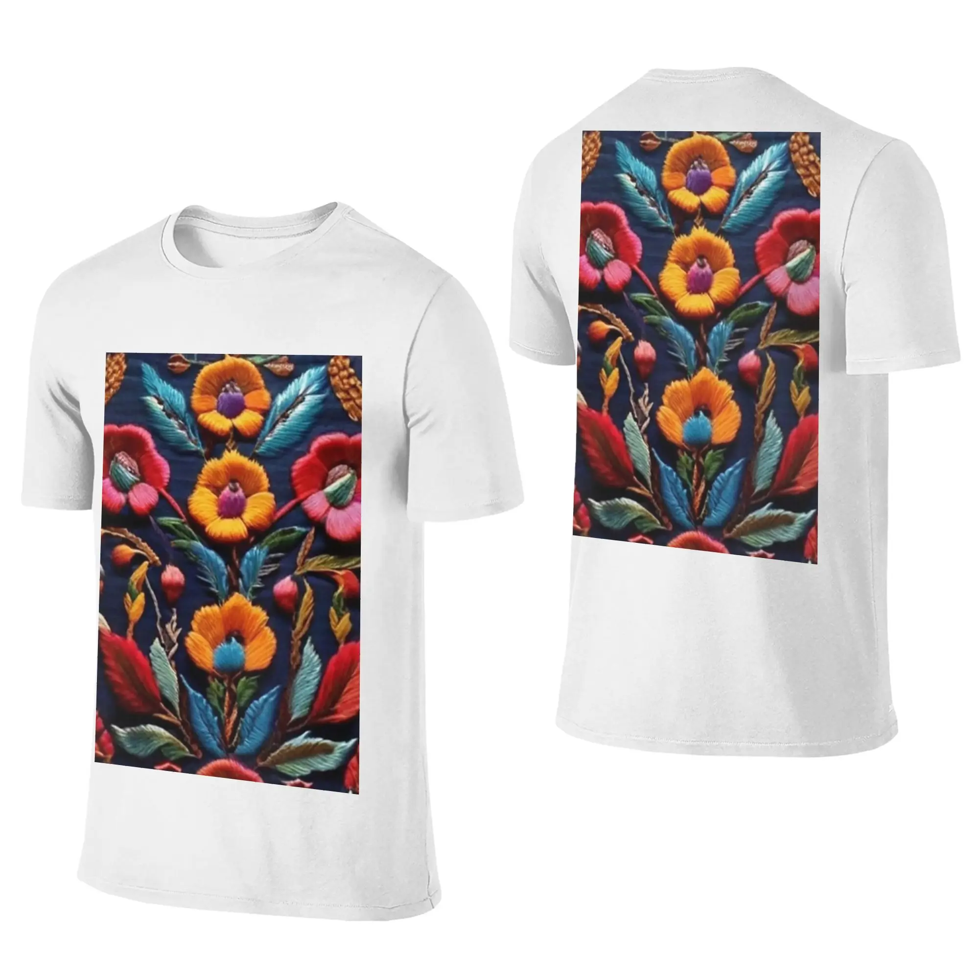 100% Cotton Mexican Embroidery Floral T-Shirt Men's Double Sided T Shirt Men Crew Neck Summer Shirts Tops Oversized