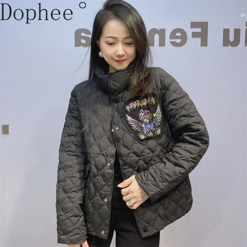 Fashion Autumn Winter Stand Collar Women Down Jacket Cute Bear Hot Drilling Thin Parkas Elegant White Duck Down Coat Streetwear