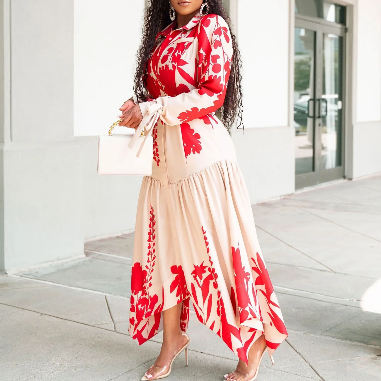 

Long Dress Women Dresses Vestidos Streetwear High Waist Belt Print Floral Turn Down Collar Y2k Irregularity Party Beach Maxi