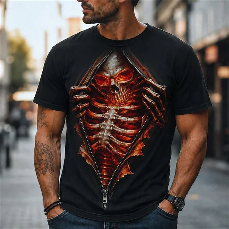 Vintage Gothic Skull 3D Print T‑Shirt for Men Burning Fire Graphic Short Sleeve Crew Neck Street Punk Tee Halloween Party Tops
