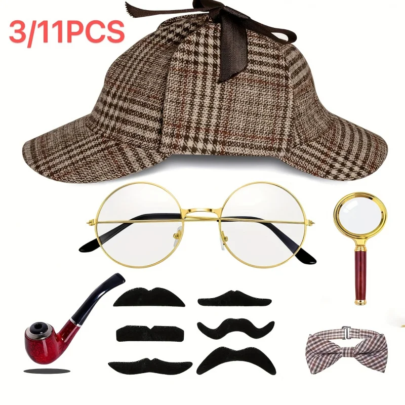 3/13/11pcs Detective Costume Accessory Set  Hat Necktie Magnifying Glass Beard Halloween Christmas Party Props Kit