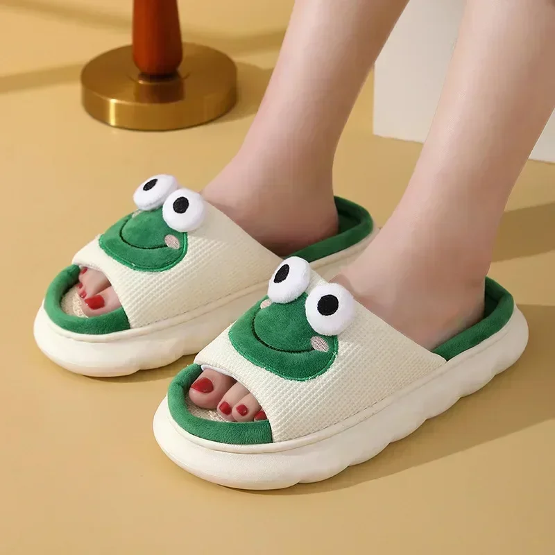 Chaussons en lin doux unisexes avec semelle coordonnante pour couples, mignons chaussons grenouille et panda, intérieur et maison, toute l'année