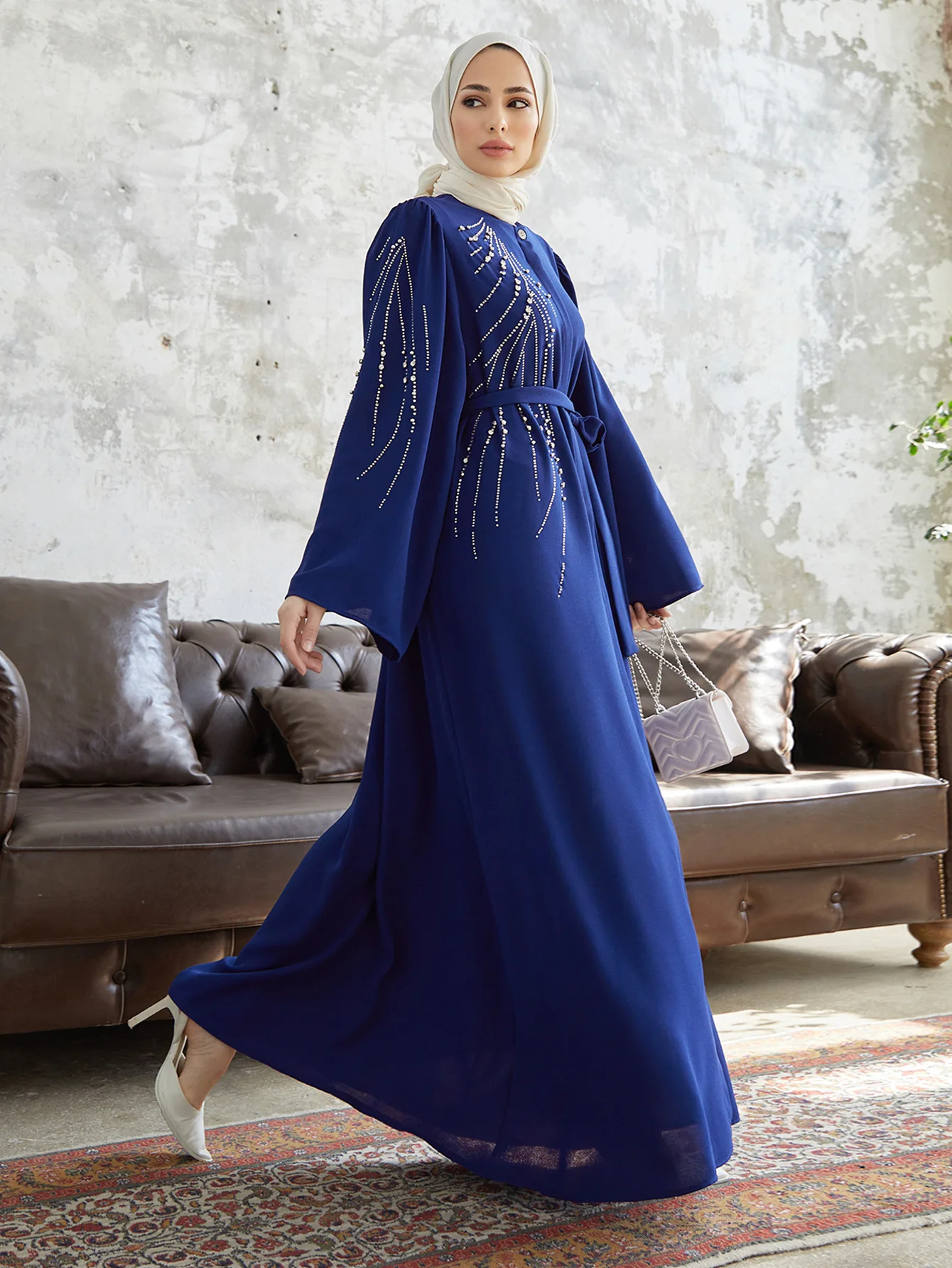 Mandylandy Abaya Middle Eastern Robe Women\'s Muslim Dress Turkey Dubai Caftan Islamic Clothing Beaded Hot Diamond Dress Abaya