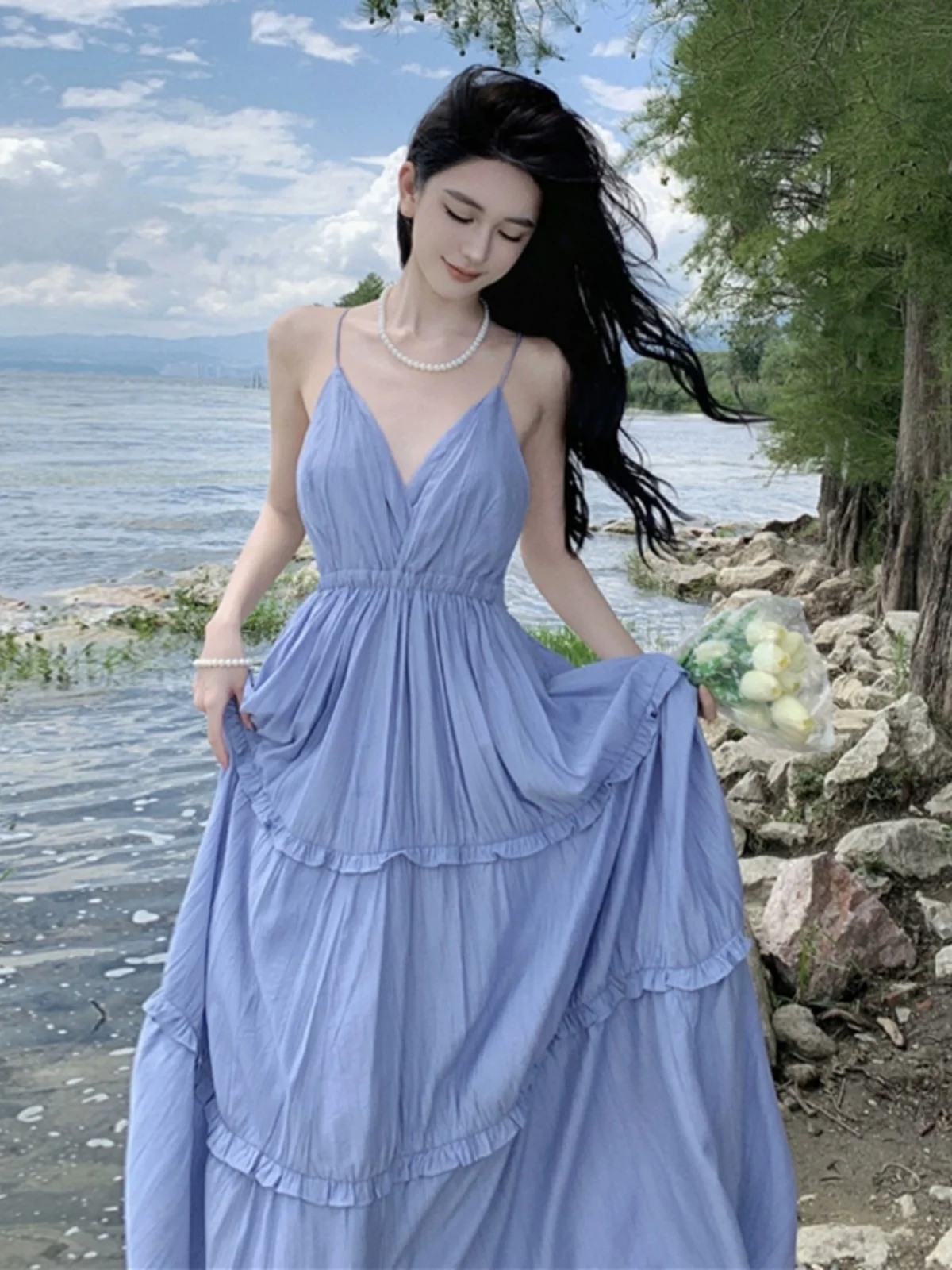 V-neck Sling A Word Dress Long Hainan Sanya Travel Wear Seaside Beach Skirt Women Summer Backless Long dress