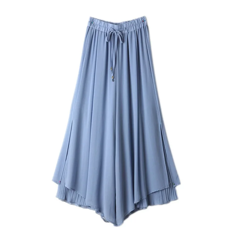 

Women Chiffon Pants Culottes Elastic Wide Leg Irregular Hem Double Layers Korean Trousers Summer Casual Loose Pleated Pants