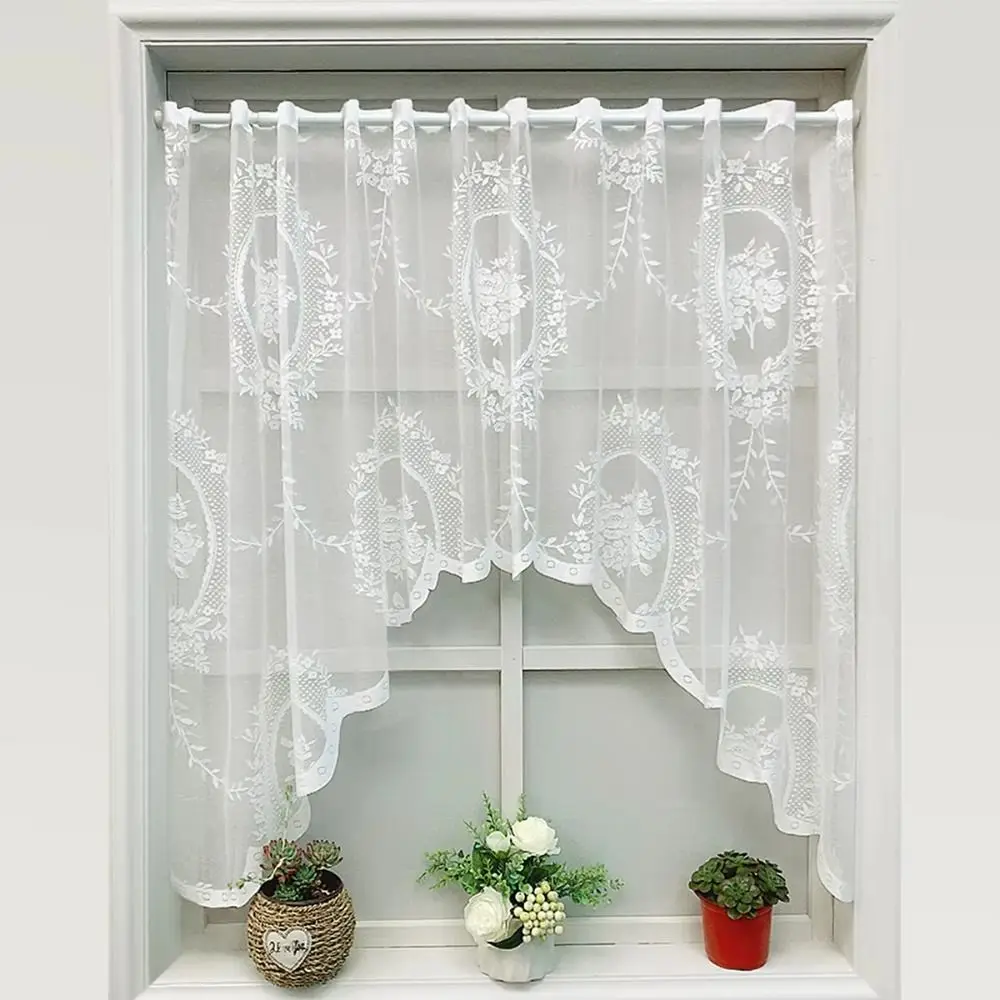 Embroidered Lace Door Curtain Nordic Hollow Knitted Sheer Floral Window Valances Wave Rod Pocket Top Flowers Short Drapery