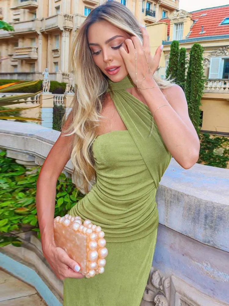 Mozision Halter Strapless Sexy Maxi Dress For Women Fashion Green Off-shoulder Backless Sleeveless Bodycon Elegant Long Dress