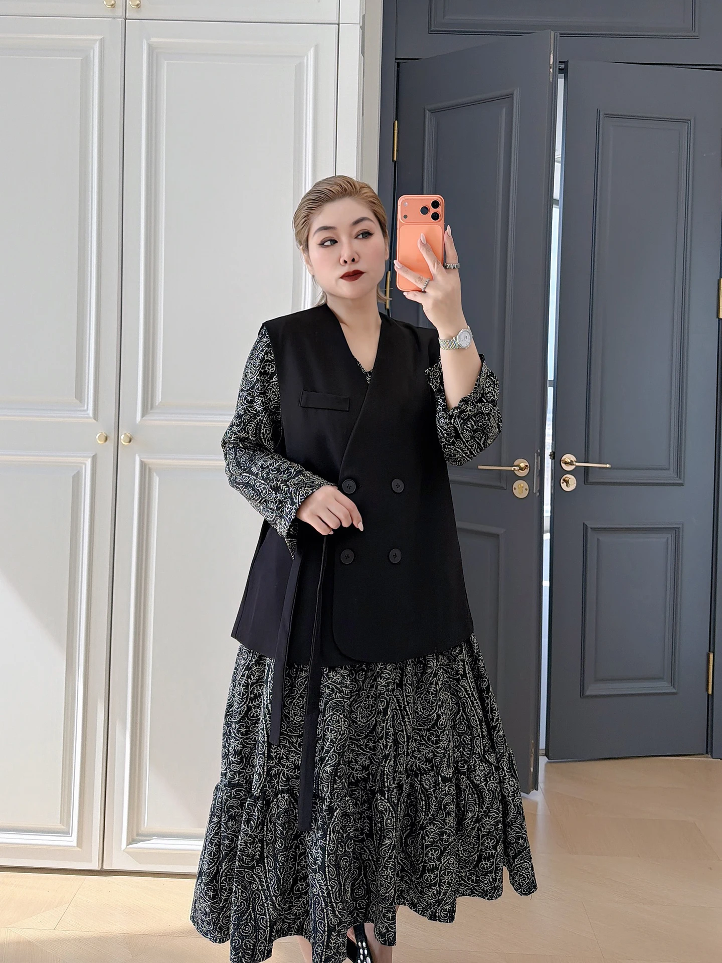 

Elegant plus Size Women's Korean Style Suiting Floral Print Dress And Vest Two Piece Set Casual Spring Fashion High Waist A-L...