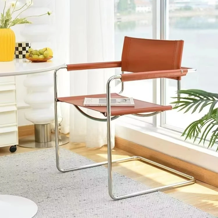 ee-Bauhaus Office Armrest Back Stainless Steel Saddle Leather Dining Chair Comfortable Leisure Chairs Photo Props Furniture