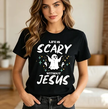 Life Is Scary Without Jesus T-Shirt Funny Halloween Christian Ghost Tee Casual Cotton Short Sleeve Religious Faith Gift Tops