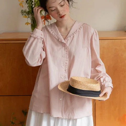 

Long Sleeve Shirts Womens Striped Oversized Button Down Blouses Lantern Sleeves Pleated Hem Preppy Feminine Elegant French