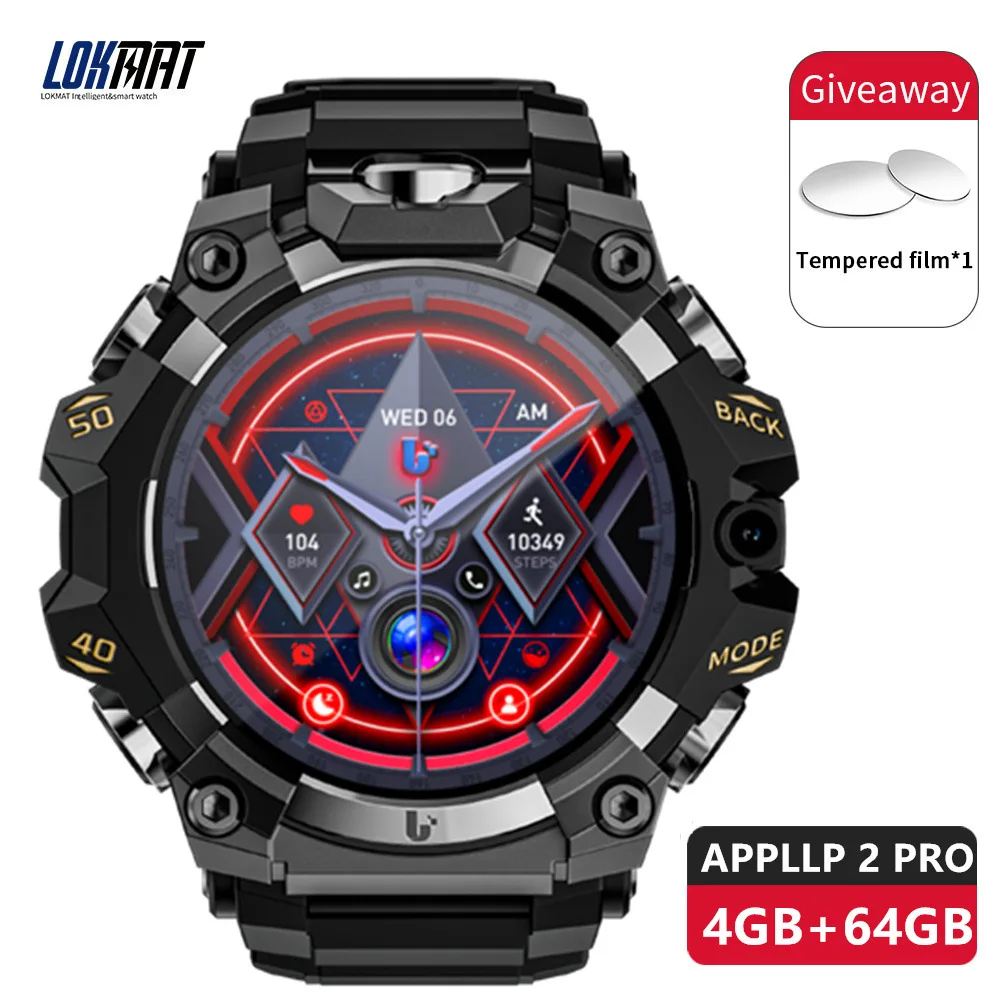 LOKMAT New APPLLP 2 PRO Rugged Sport Android Smart Watch Phone Dual Camera Video Calls Wifi Fitness 4G Watch Amoled Round Screen