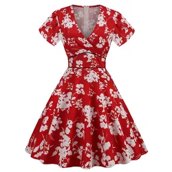 Women's Vintage 50s 60s Summer Dress Casual Short Sleeve V-Neck Midi Pin-Up Tunic Sundress for Party Robe
