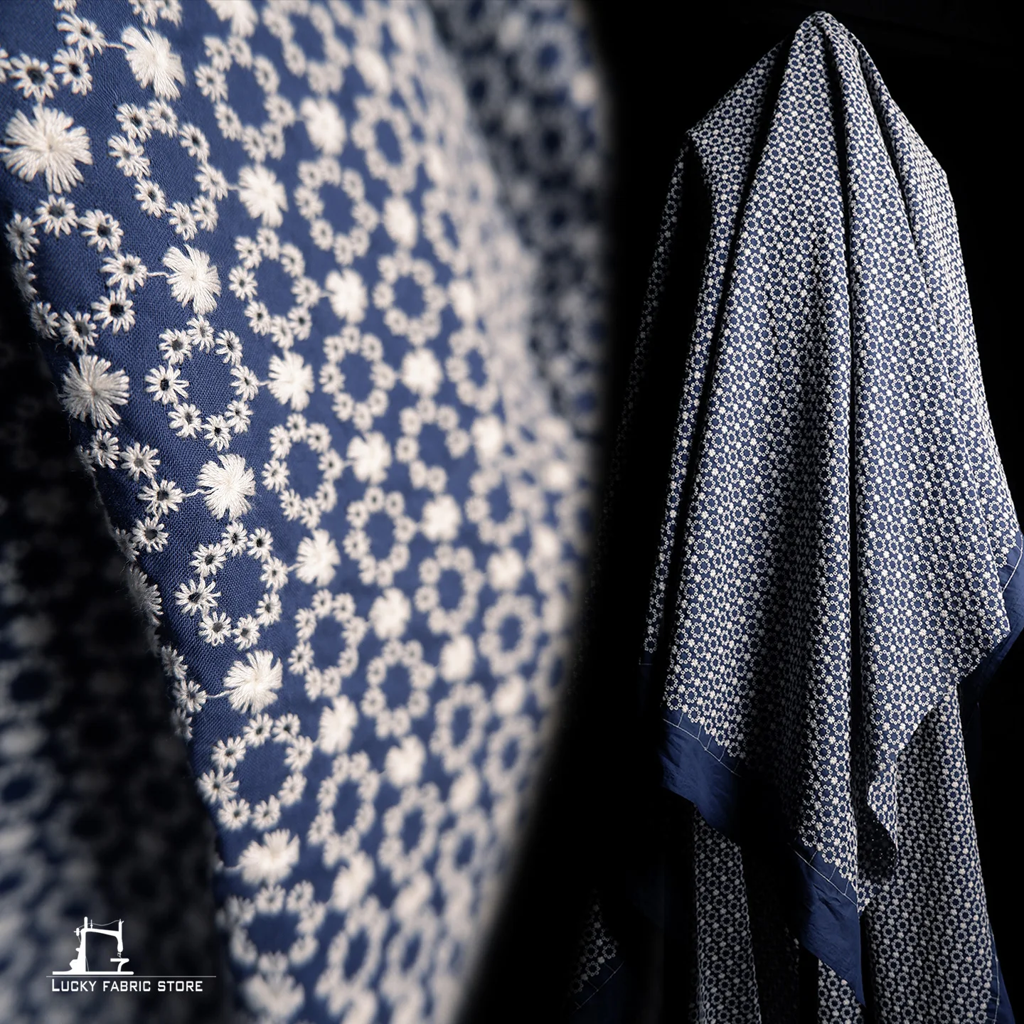 

Embroidery with blue background and white thread, three-dimensional textured sunflower, handmade DIY fabric, designer material