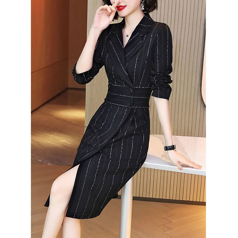 Elegant Woman Stripe Midi Dress Spring Autumn Long Sleeve V-Neck Double-breasted Button Split Female Black Fashion Dresses 2022