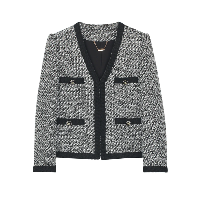 

Retro contrasting color V-neck woven small fragrant style coarse woolen coat fashionable commuting slimming top