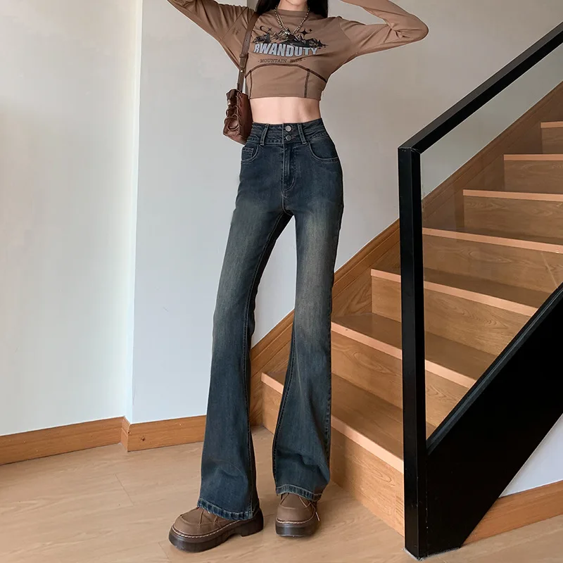 Women's High-Waisted Cement Gray Jeans, 2026 New Spring and Autumn High-Waisted Loose Flared Pants
