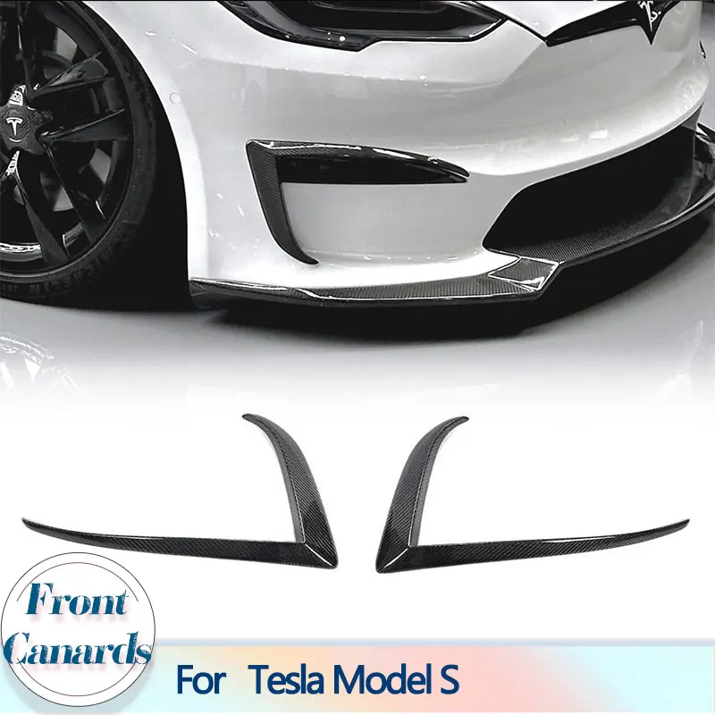 Car Front Bumper Fog Lamp Covers For Tesla Model S Plaid Sedan 4-Door 2021 2022 Real Carbon Fiber Front Canards Fins Trim