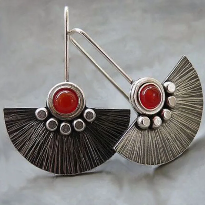 Fashion Jewelry Hook Earring Red stone fanshaped Retro Bohe Earring 3*4.5cm