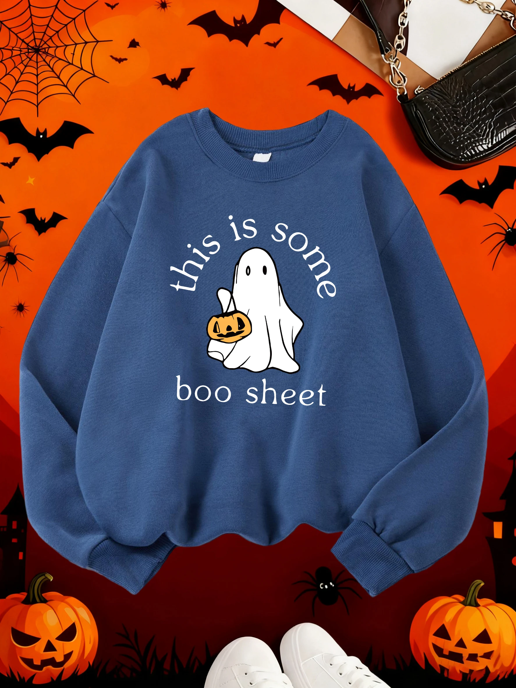 Happy Halloween Ghost Printing Woman'S Fleece Tops Autumn Winter Casual Sweatshirts Street Loose Hoodies Sports Comfy Clothing