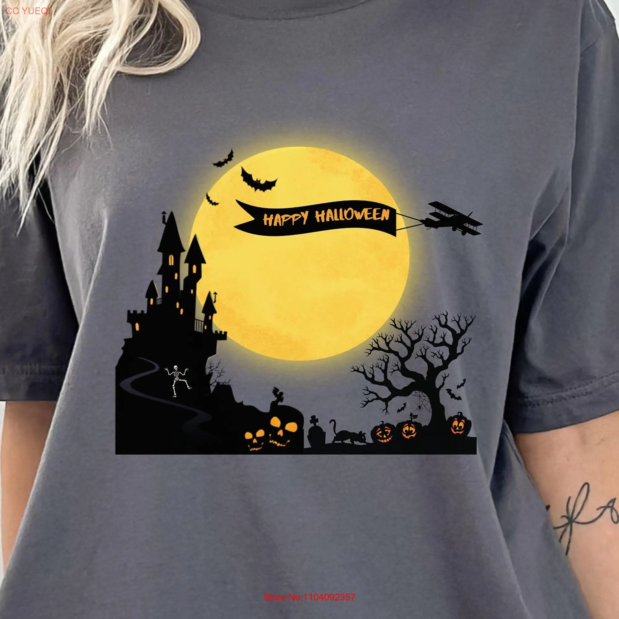 Happy Halloween T shirt Haunted mansion Plane Aviation Banner tow for Female Aviator Spooky Airplane