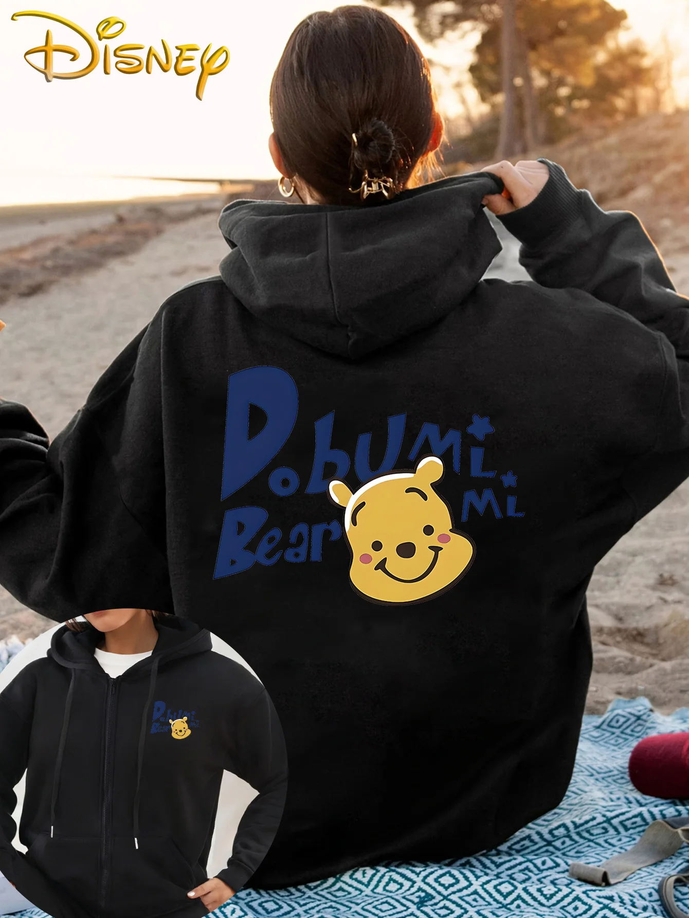 새로운 디즈니 위니 더 푸 양면 프린트 여성용 후드 티셔츠, 긴 소매, 크루넥, 집업 스웨트셔츠