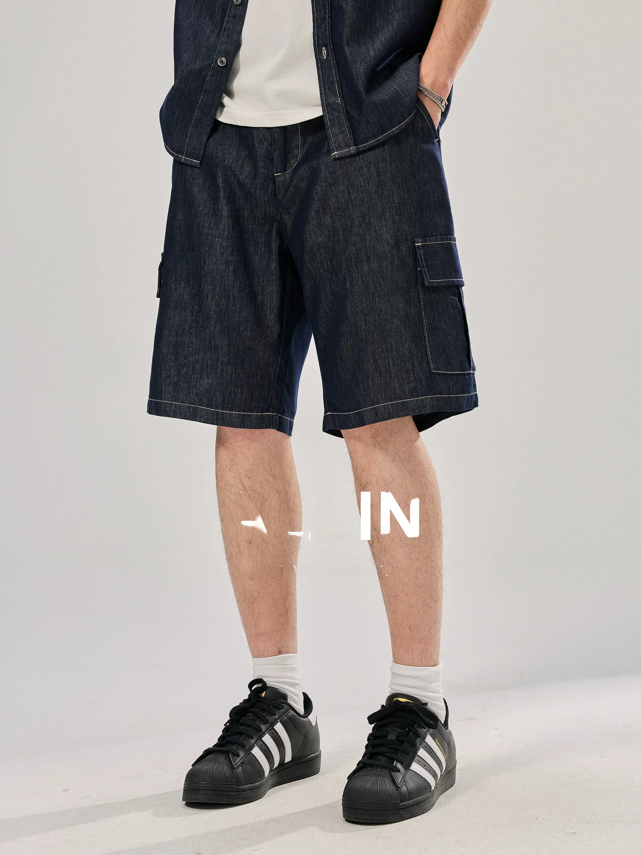 Men's Summer Denim Workwear Shorts Trendy Brand Multi-Pocket Loose Straight Cut Versatile Five-Quarter Mid-Pants