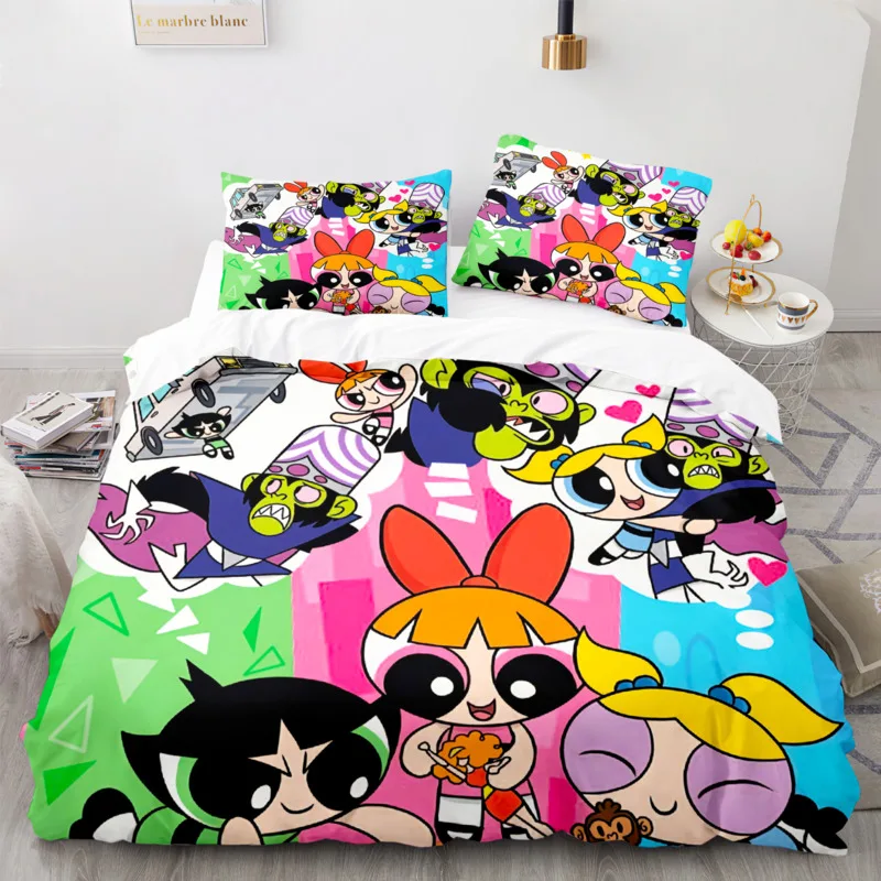 Imagem -03 - Desenhos Animados Anime Powerpuffs Bedding Conjunto para Meninas Kawaii Blossom Bubbles Impressão Colcha Capa de Edredão Fronha Buttercup Cama Consolador