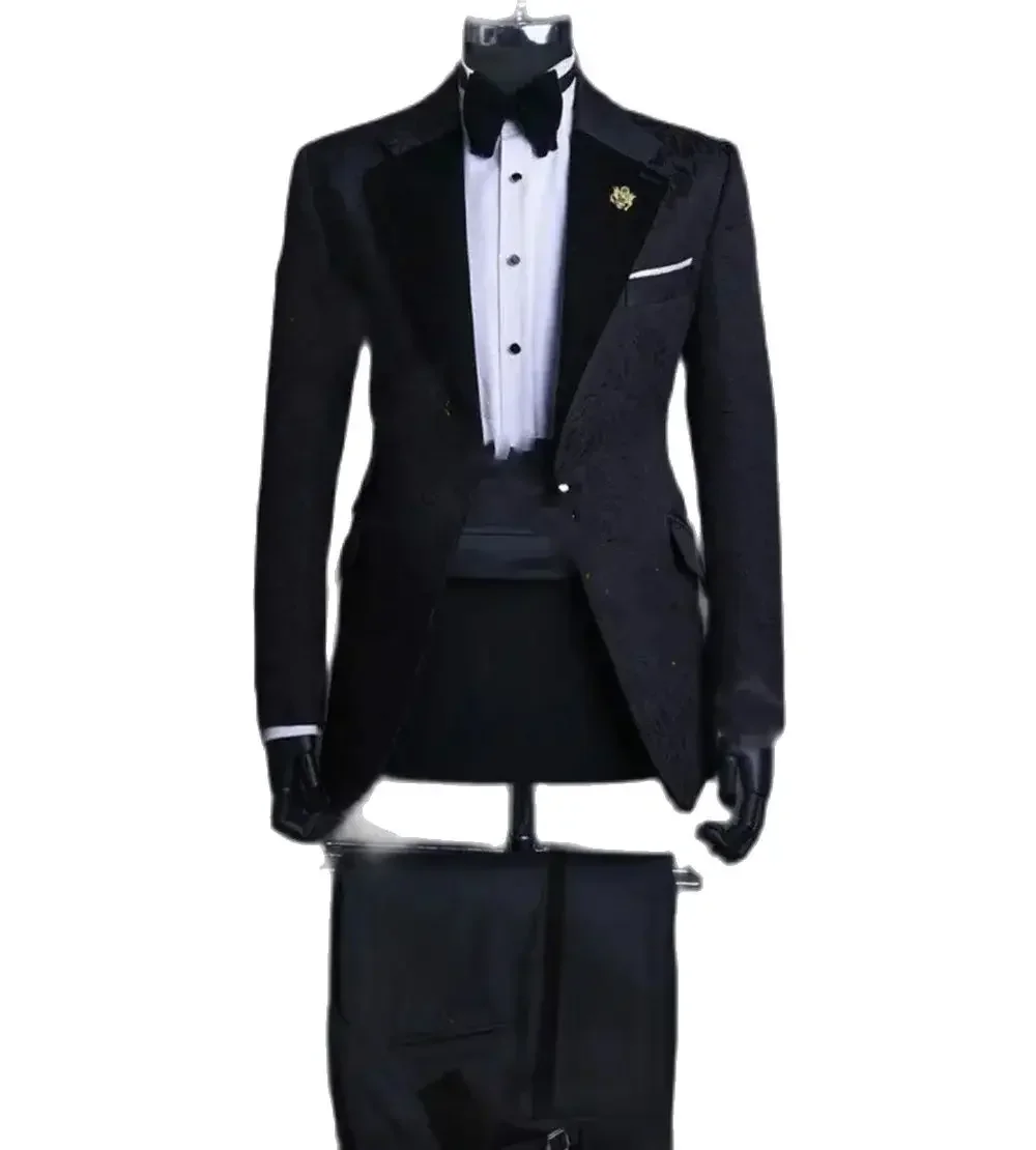 

Graduation Dresses Suit For Men Black Jacquard Luxury Party Prom Formal Occasions Clothing 2Pieces Italian Style Handsome Outfit