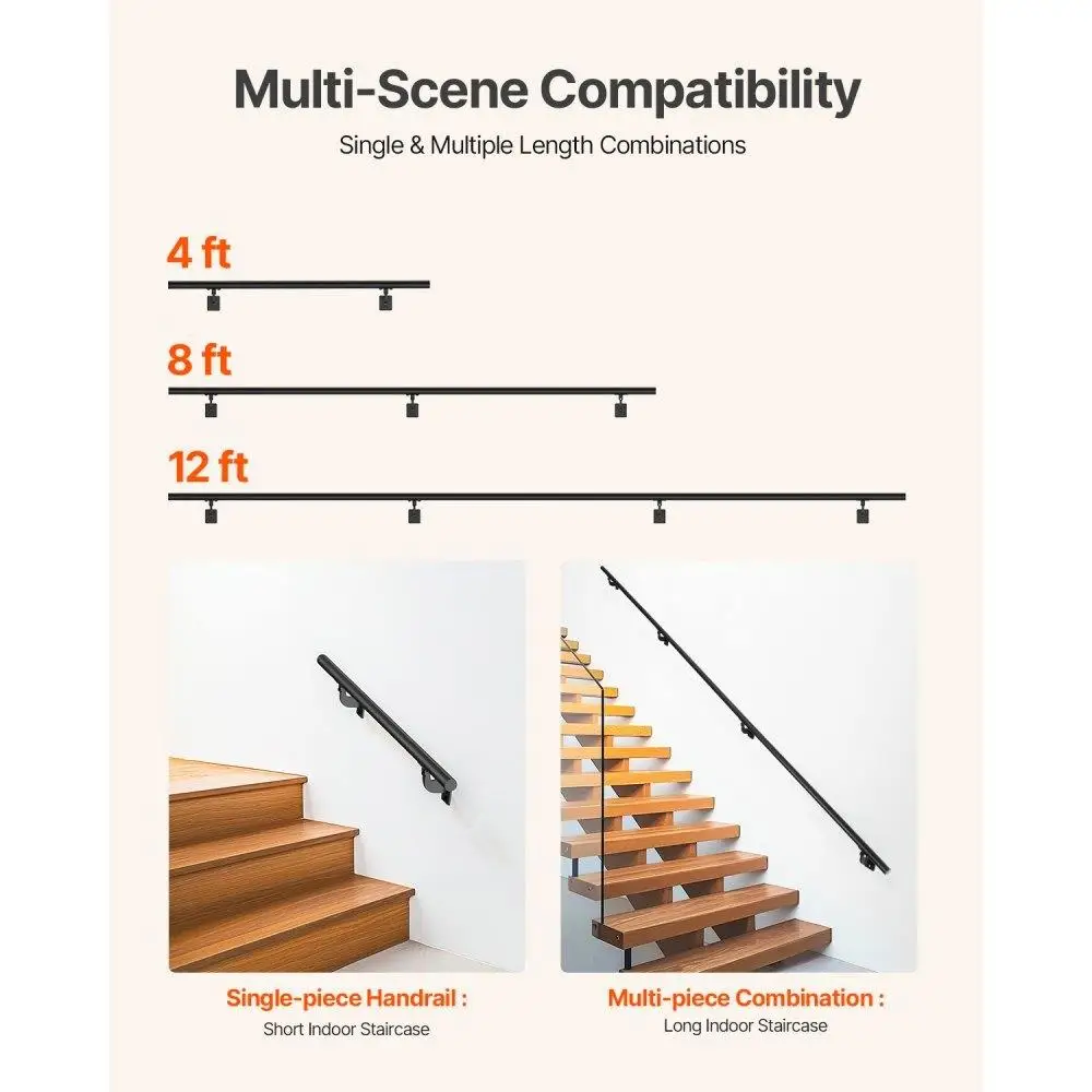 12ft Black Aluminum Wall Mounted Stair Handrail Indoor Outdoor Railing Safety Support