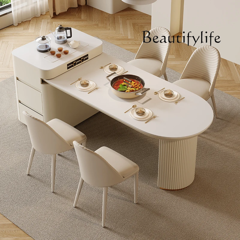 Rock slab dining table tea table integrated retractable French cream style small apartment modern simple Nakajima