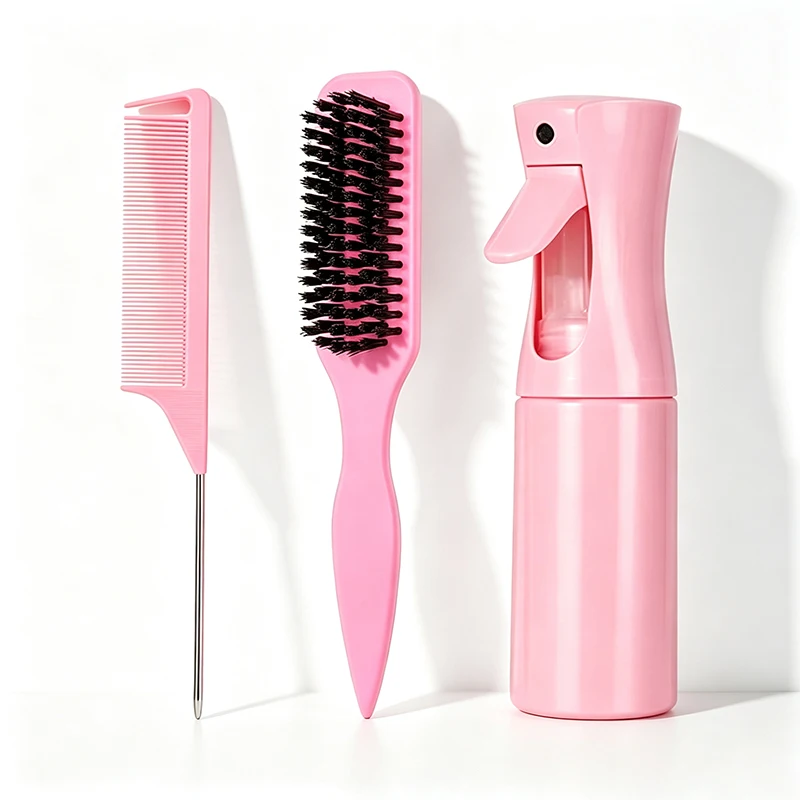 Kit de coiffure 3 pièces, brosse en nylon, peigne antistatique, vaporisateur anti-fuite 200 ml, utilisation à domicile ou en salon