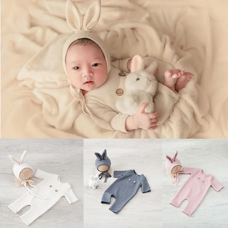 Animal Costumes Newborn Photography Clothing Soft Knitting Rabbit Hat and Doll Baby One-piece Pants Sets Studio Photo Outfits