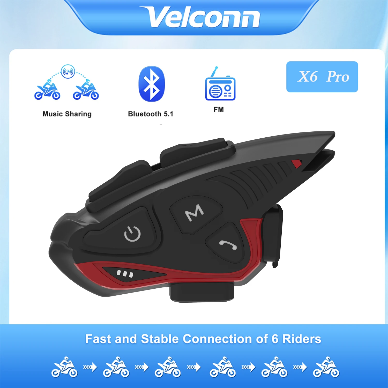

Velconn X6 Pro Motorcycle Helmet Intercom Headset BT5.1 Music Sharing 4-6 Riders Group Talking Interphone FM Radio IP65