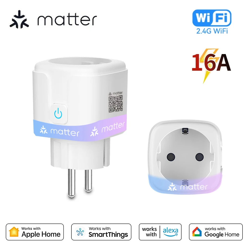 Matter WiFi 스마트 소켓, EU 가전 콘센트, 미니 스마트 플러그 어댑터, 앱 제어, 홈킷 시리 알렉사 구글과 작동, 16A 