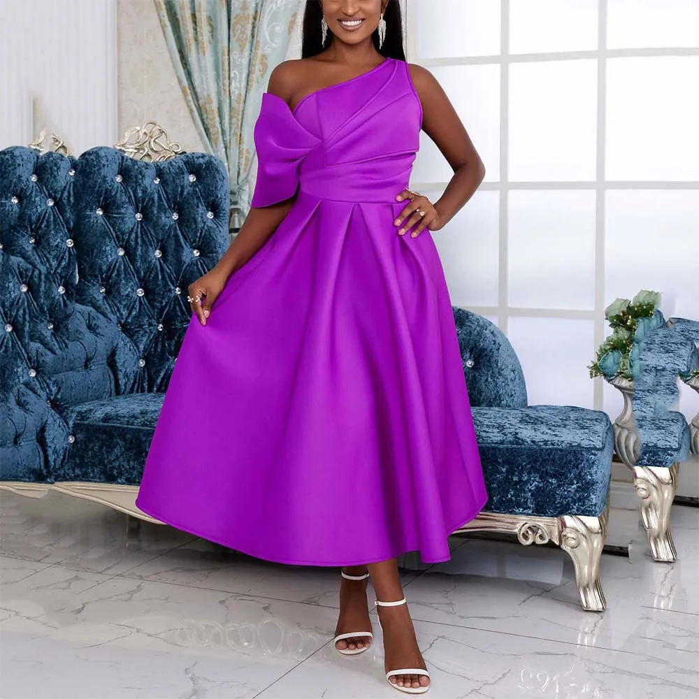 Elegant Party Dresses for Women Luxury Purple High Quality One Shoulder High Waisted Pleated Mid Calf Birthday Dinner Vestidos