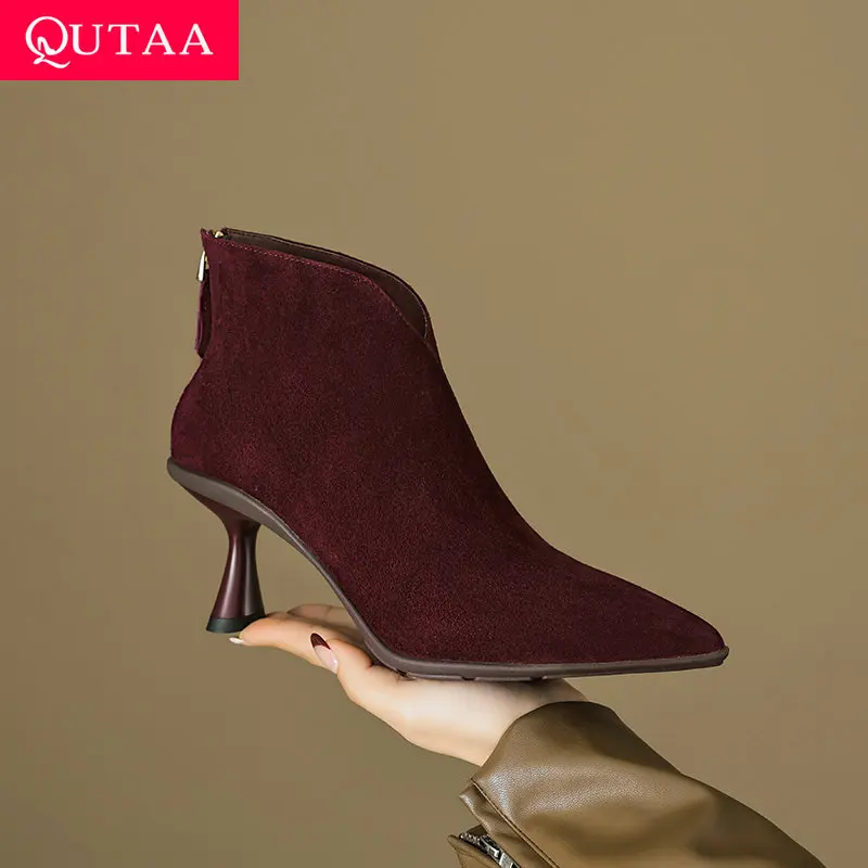 

QUTAA 2026 Fashion Winter Women Ankle Boots Cow Suede Autumn Shoes Kitten High Heels Pointed Toe Dress Short Boots 34-40