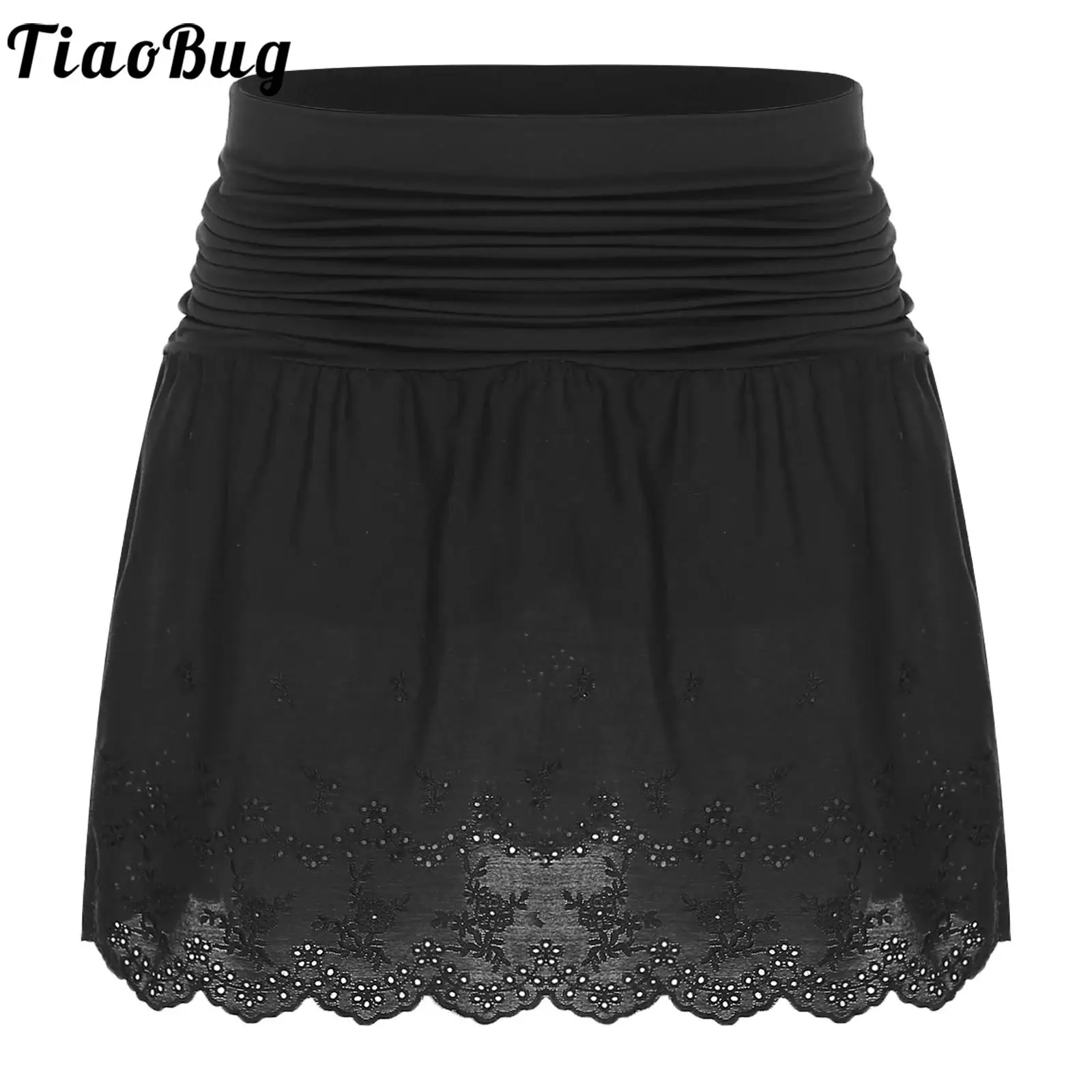 Women Solid Embroidered Trim Skirts Vintage Elastic Ruched Waist Culottes Extender Half Slip Ruffled Underskirt Versatile Skirt