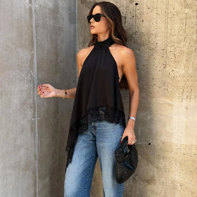 

Talenza Women's Summer Vest Sexy Backless Irregular Lace Patchwork Sleeveless Tees Fashion Streetwear Casual Chic Women's Tops