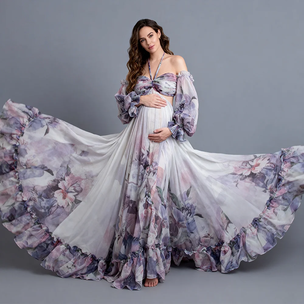 Floral Print Chiffon Maternity Photoshoot Dresses for Pregnant Photography Dresses Pregnancy Photoshoot Outfit YW240526-1 YEWEN