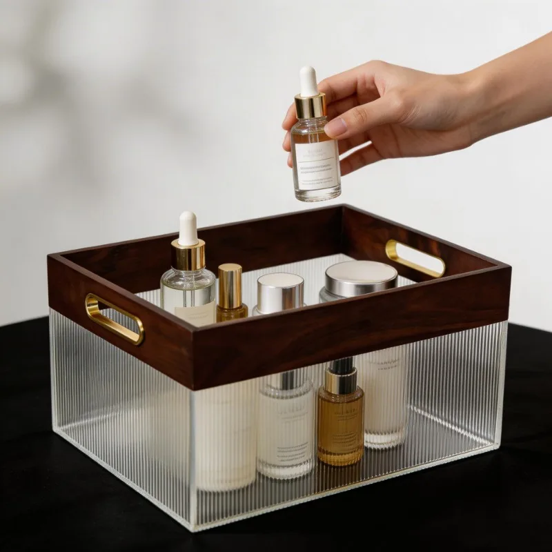 Modern simple walnut high-end acrylic, tray home living room desktop solid wood multi-functional storage box