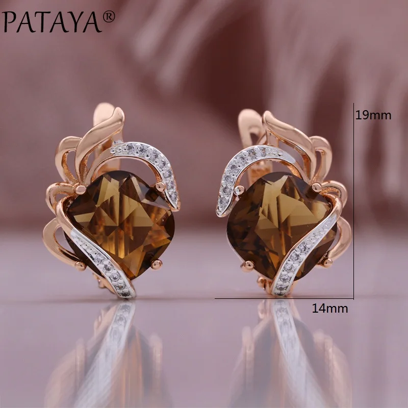 PATAYA Hot Fashion Light Brown Natural Zircon Ring Earring for Women Simple 585 Rose Gold Color High Quality Daily Jewelry Sets