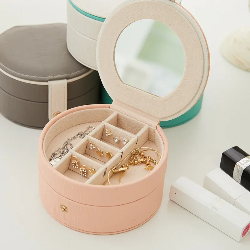 

Mini PU Leather Fashion Jewelry Box Ring Earrings Necklace Travel Portable Package Small Round Storage Box for Women Boxes